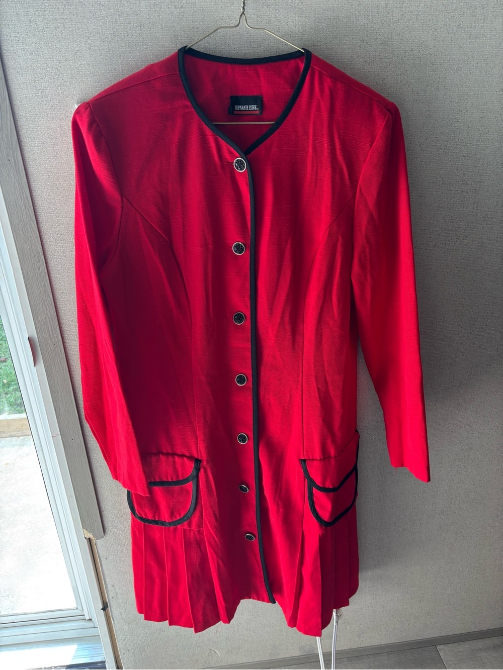 Women's Red Long Sleeve Button-Front Dress with Black Trim